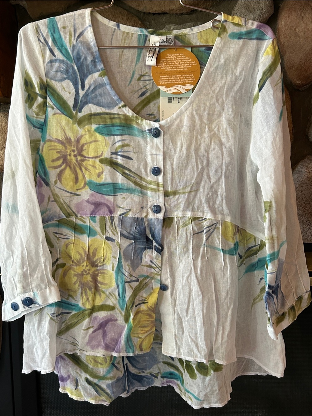 Winter Sun White Floral Watercolor Button-Front Hi-Low Top, Size S, NWT